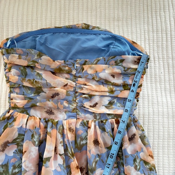 Fashion Nova Sophia Chiffon Pastel Floral Strapless Maxi Dress Blue Size Small - Picture 10 of 13